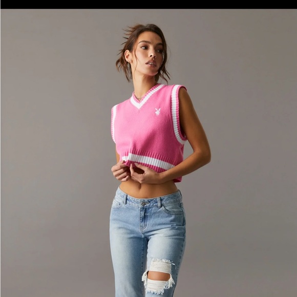 NEW PLAYBOY Bunny Knit Black cropped Sweather VEST soft logo multi sizes NWT - Picture 9 of 14